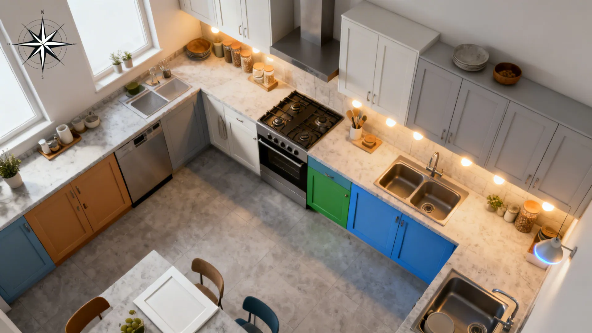 Top-down kitchen plan with directional zones and color swatches indicating Vastu balance.