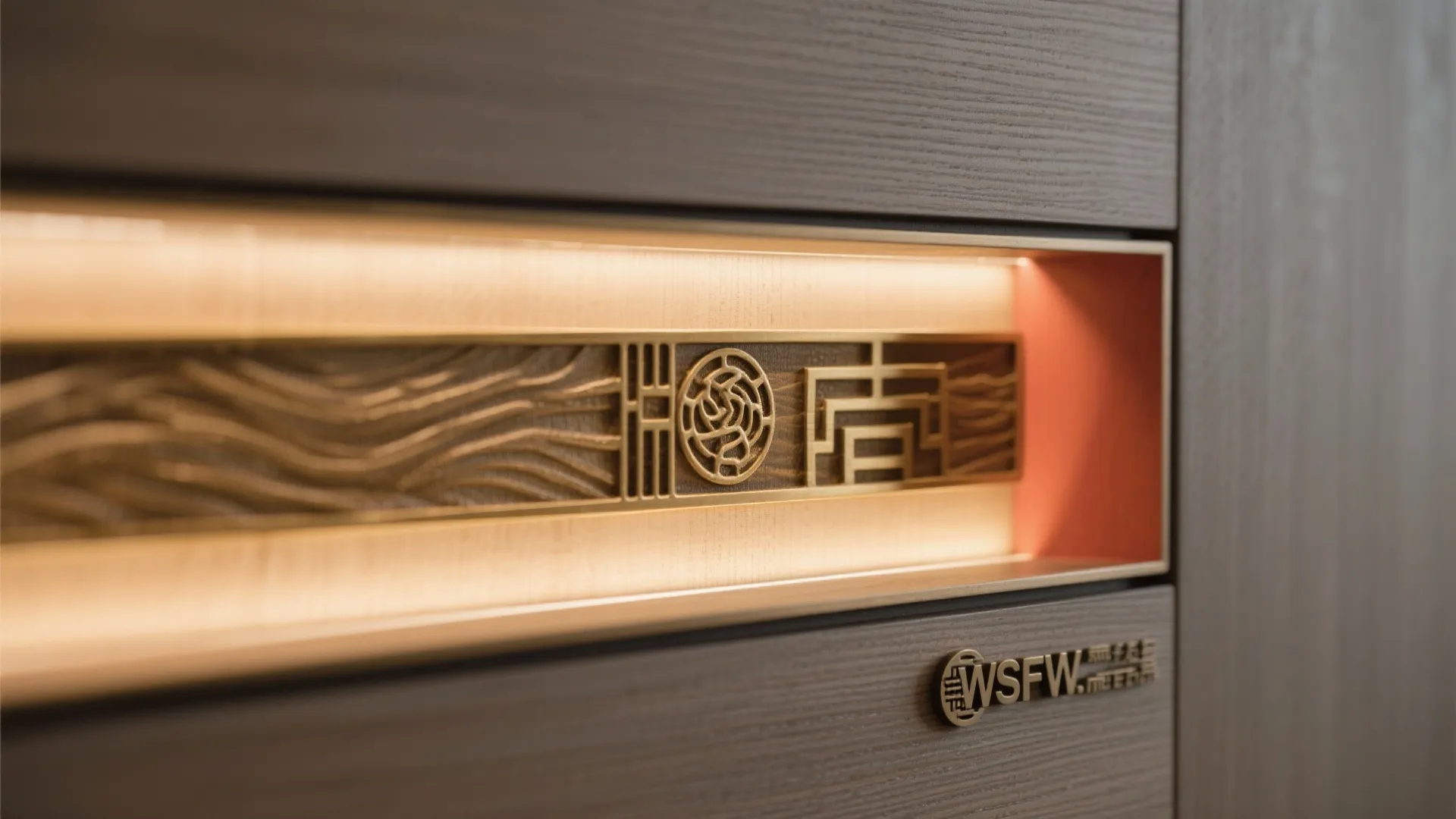 Close up of decorative gold metal wall panel on a dark wood cabinet with built-in light