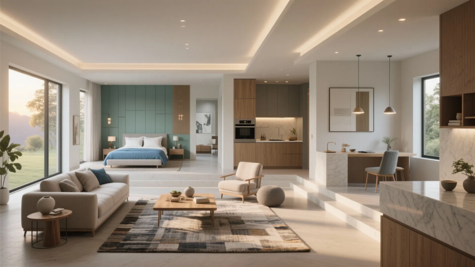 Modern open-plan living room with sofa, wooden coffee table, and bedroom featuring green wall panel