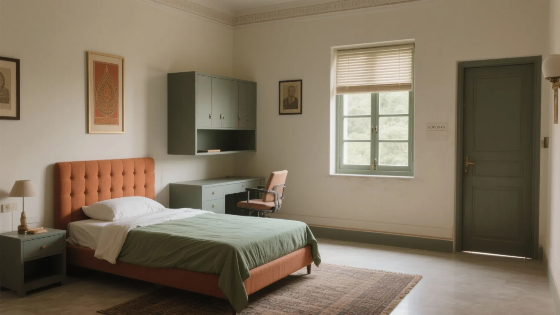 Cozy bedroom with orange bed, green desk, matching wall cabinet, small window, and grey door