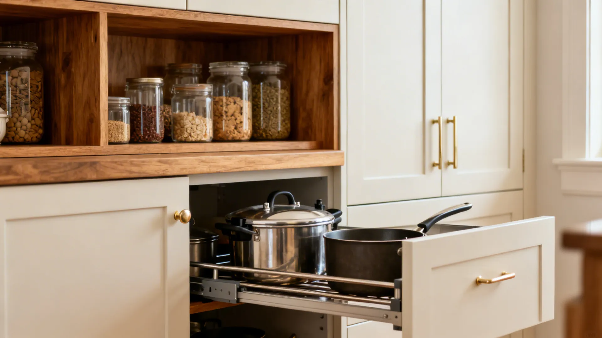 Macro of base pullout with pots and upper cabinet with dry goods in jars.
