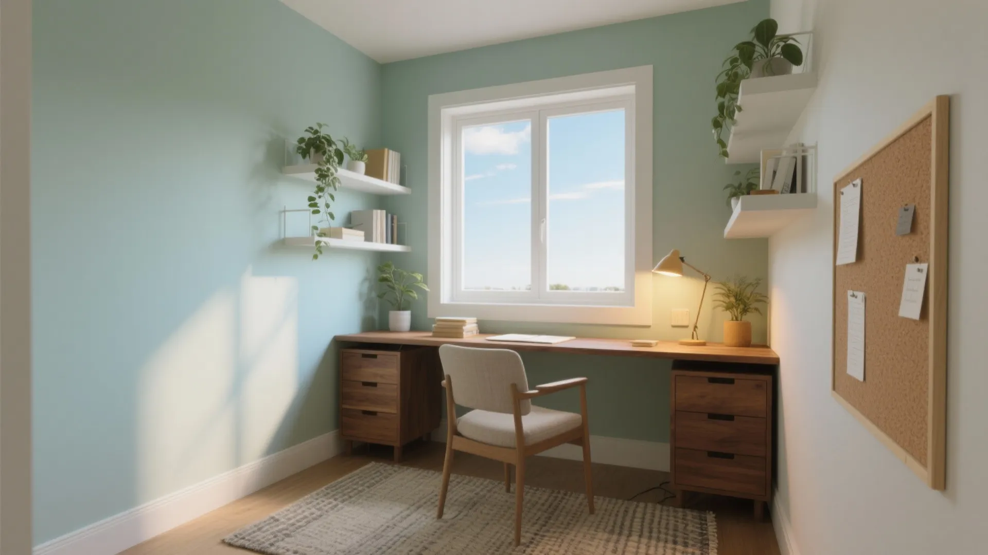 Modern home office with light green walls wooden desk chair window plants and wall light