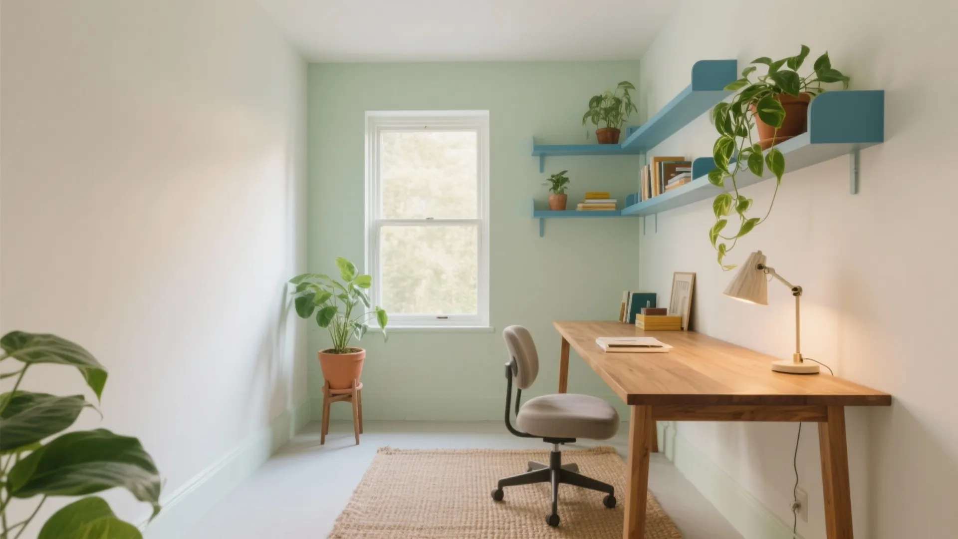 Bright home office with light green walls wooden desk grey chair blue wall shelves plants