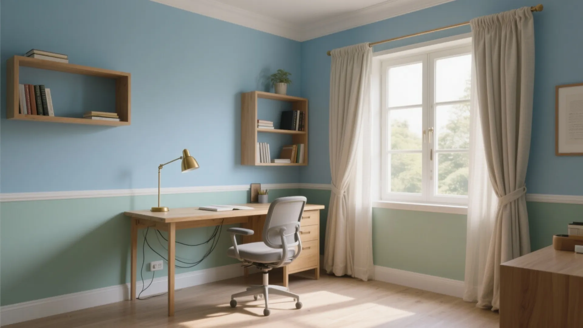 Modern study room with blue and green walls, wooden desk, chair, light fixture, and window