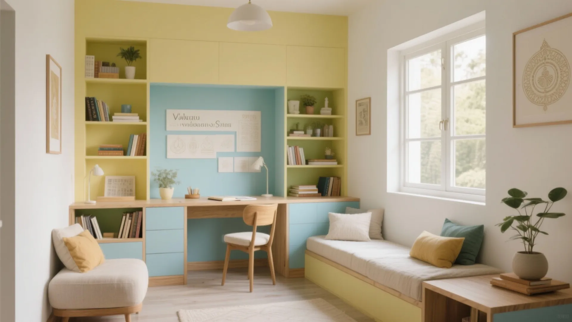 Modern study room with light blue and yellow cabinets wooden desk chair and window seat