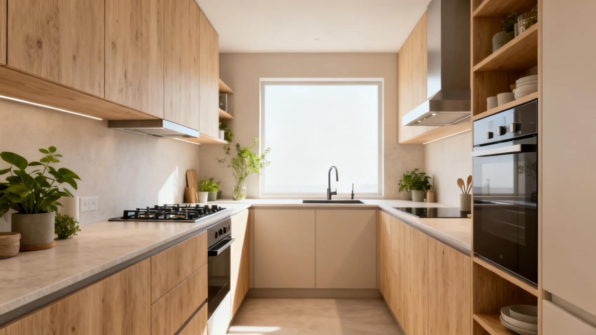 Compact Vastu-aligned kitchen with south-east hob, north-east sink, and north-west ventilation in a clear, calm layout.