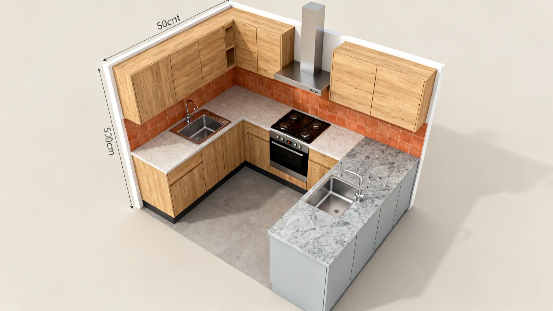 Top-down view highlighting southeast stove, sink buffer, and centered hood in a compact kitchen.