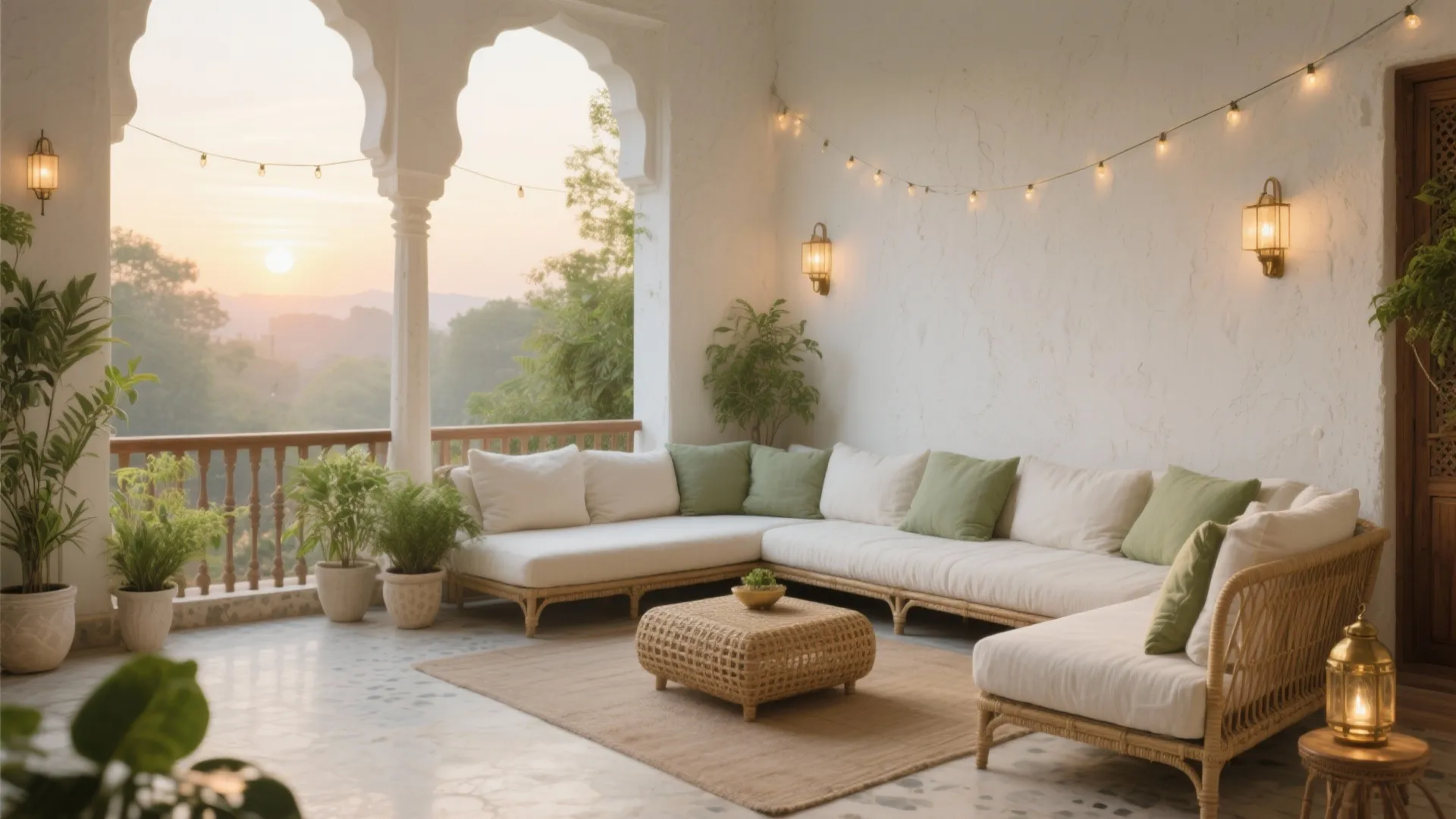 Indian style balcony with white sofa rattan table wall lights potted plants and sunset view