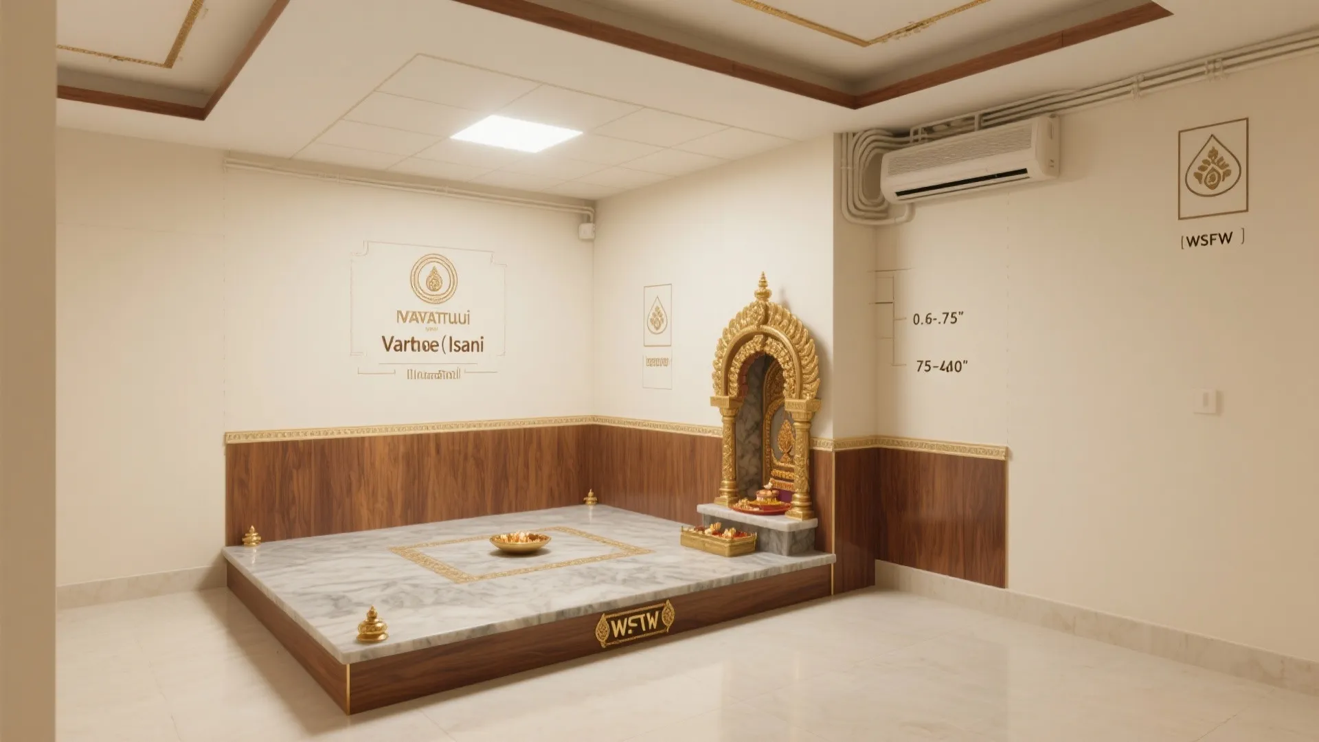 Traditional prayer room design with marble floor platform golden shrine wood wall panels and ceiling light