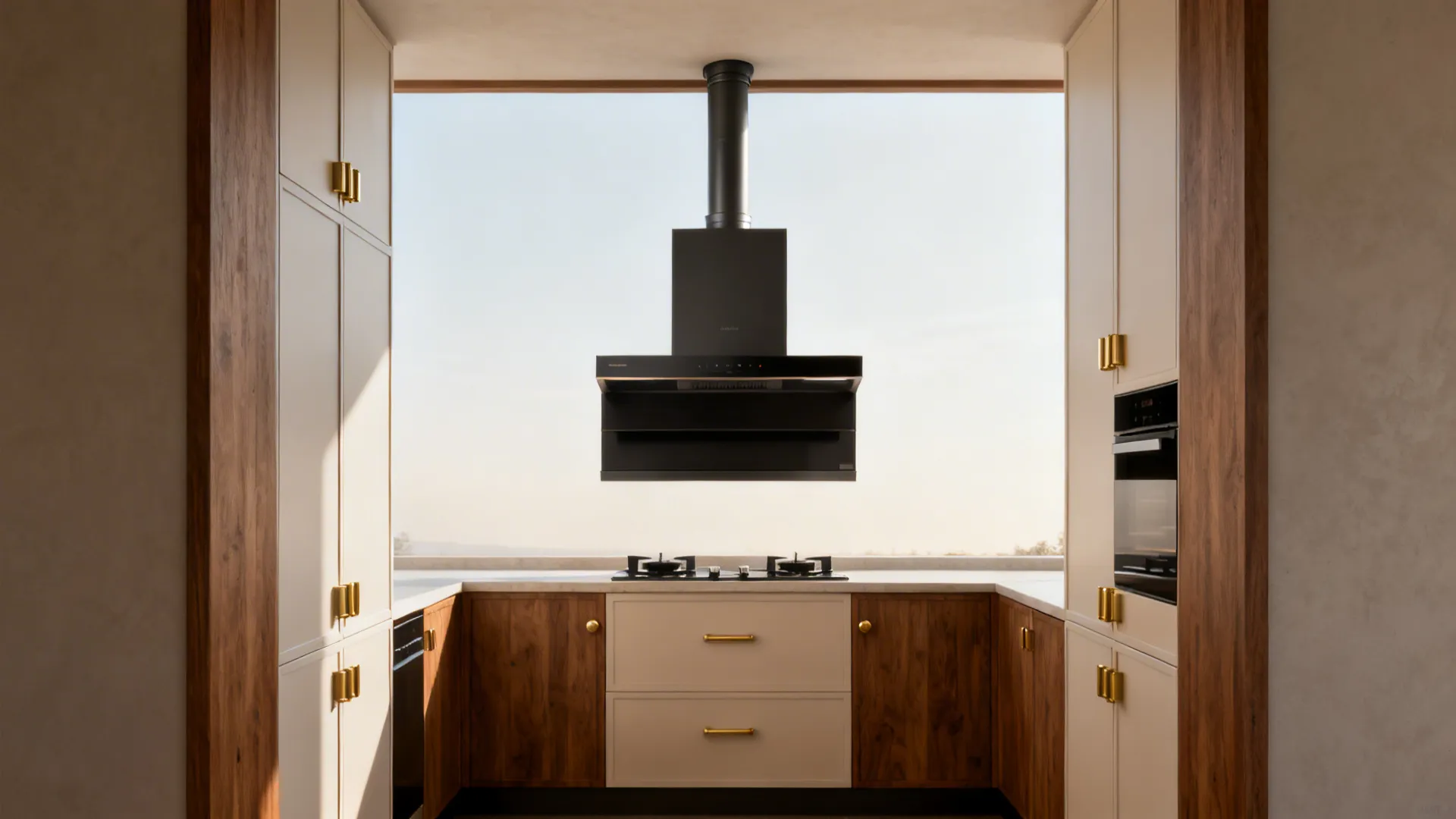 Compact kitchen with a centered deep-capture hood and short exterior duct.