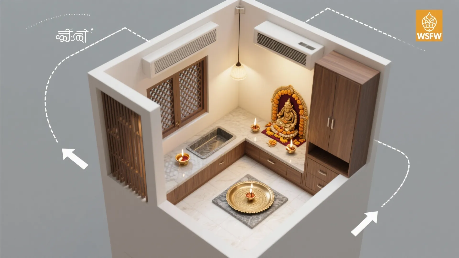 Small prayer room layout with wooden cabinet counter window air conditioner and golden statue display