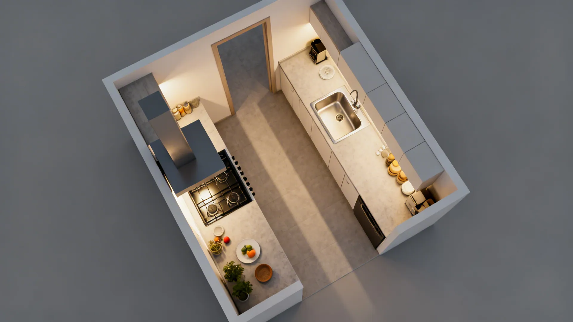 Top-down view of Vastu-aligned small kitchen layout with southeast cook line and east wash zone.