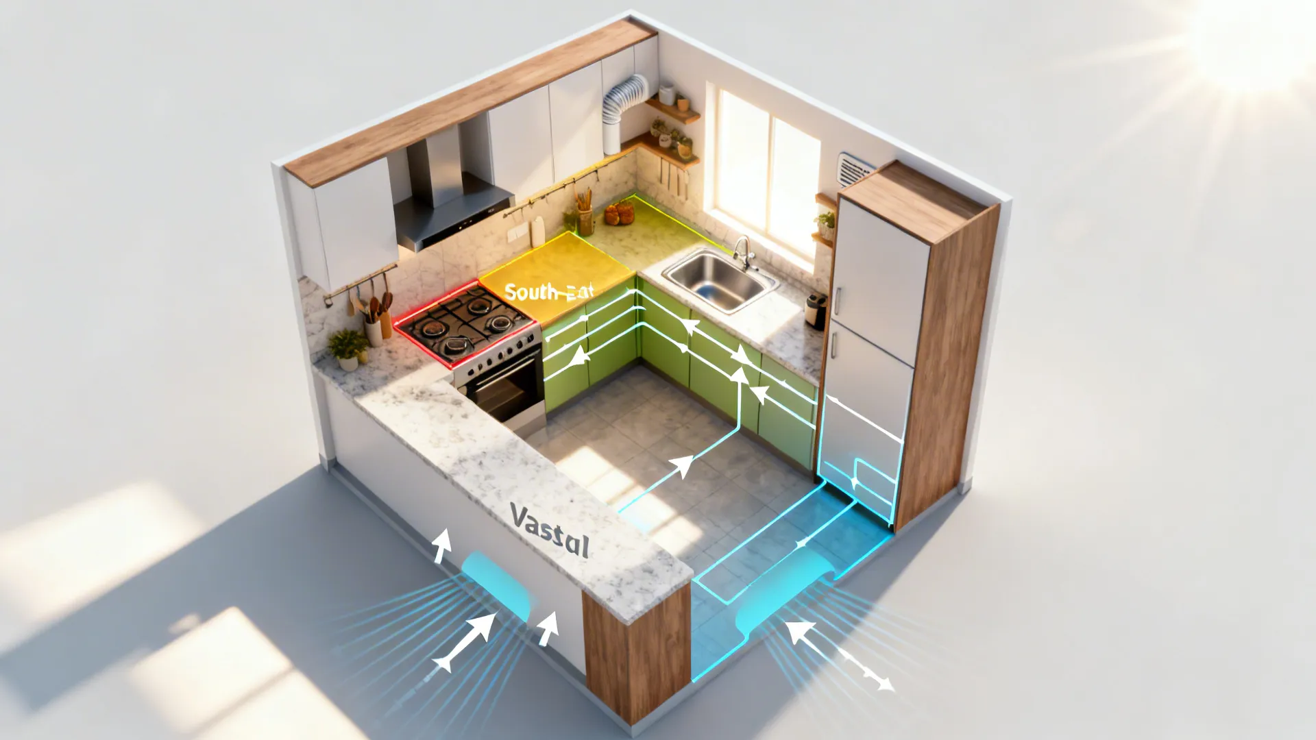 Top-down plan illustrating Vastu zones for hob, sink, ventilation, and storage in a compact kitchen.