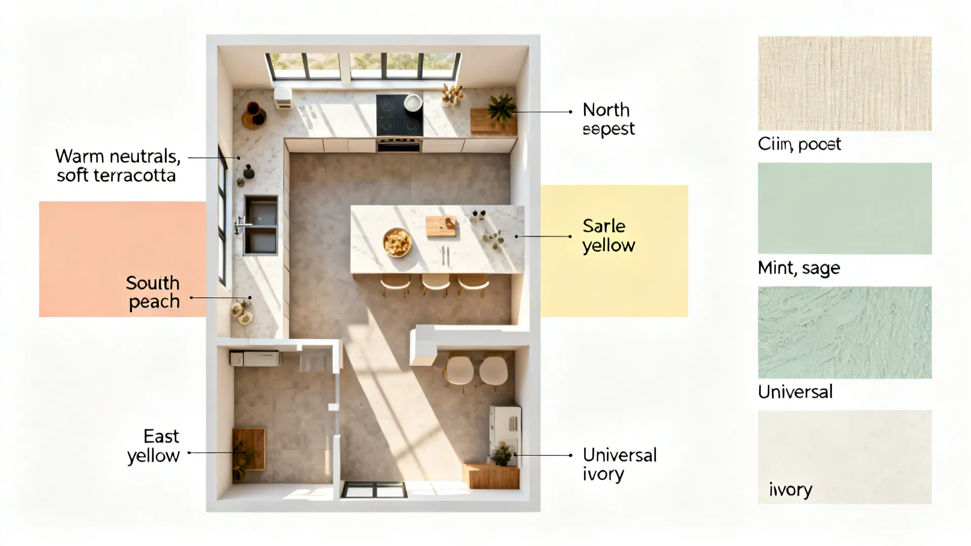 Top-down kitchen plan with color swatches for southeast, south, east, and north zones.