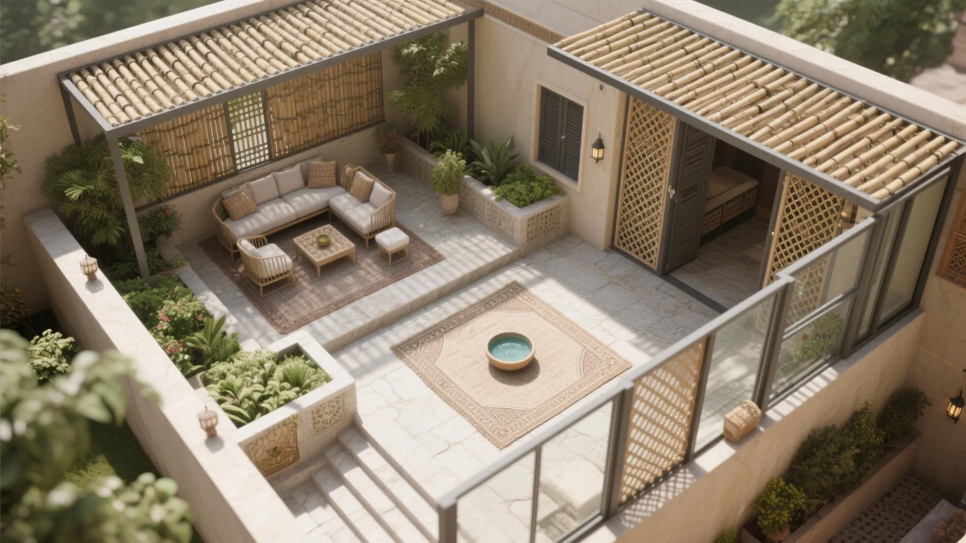 Aerial view of a courtyard with white sofa, rugs, small water bowl, and bamboo roof