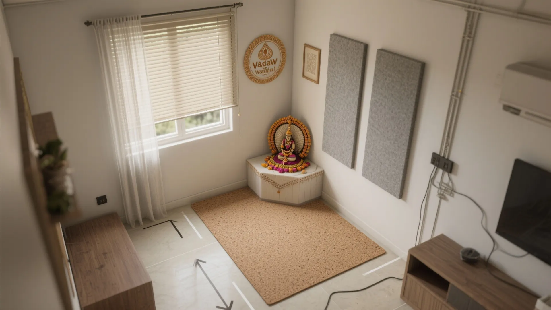 Top view of corner prayer space with a small statue brown rug and white wall panels