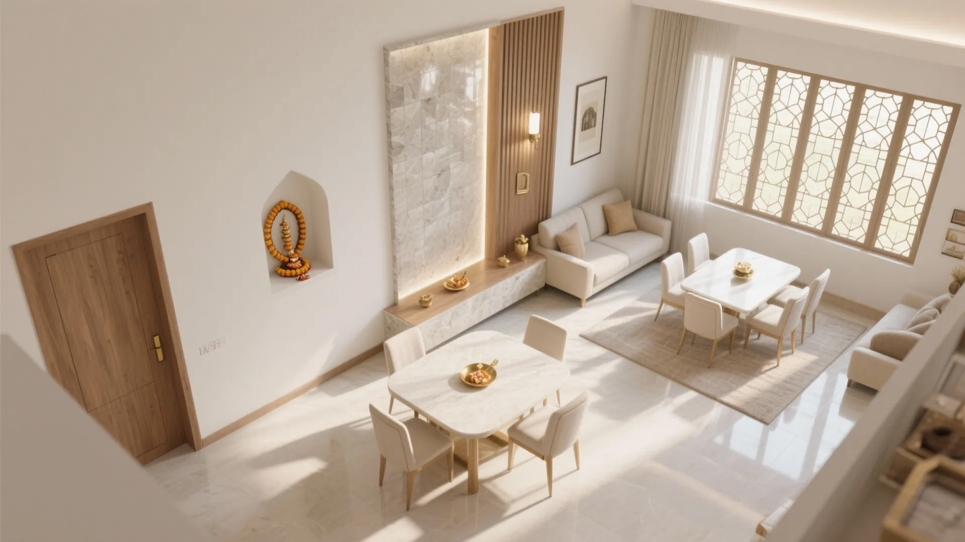 Top-down view shows a Vastu-friendly pooja corner with a half wall and east-facing orientation.