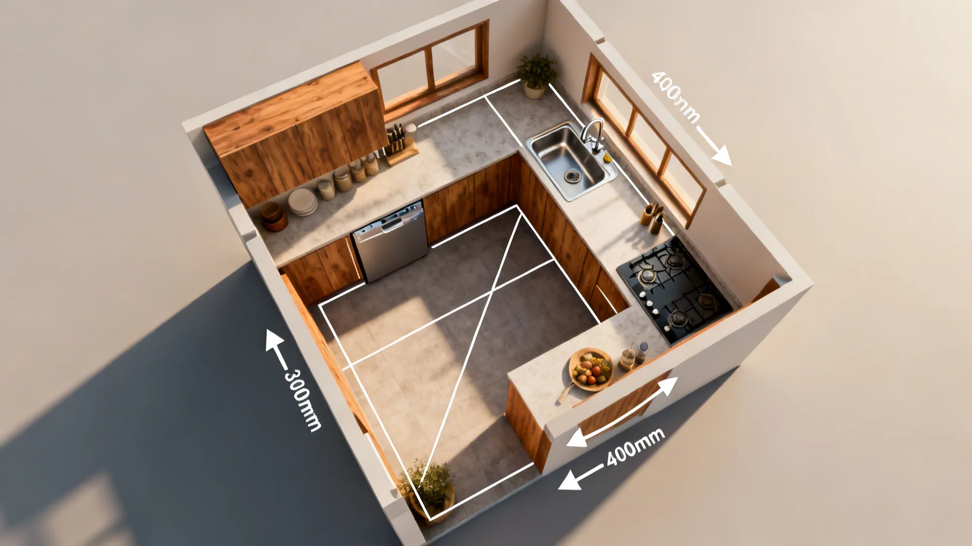 Top-down view showing sink in the north/northeast and cooktop in the southeast with clear zoning.