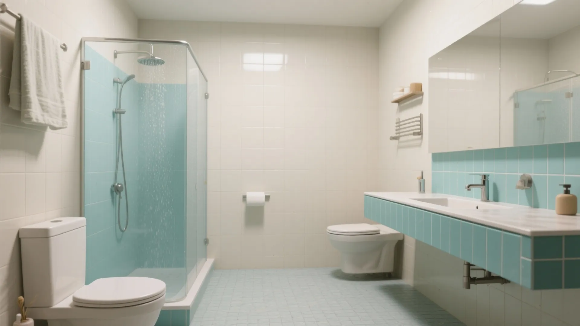 Spacious bathroom with blue wall tiles glass shower area white toilet and long sink cabinet