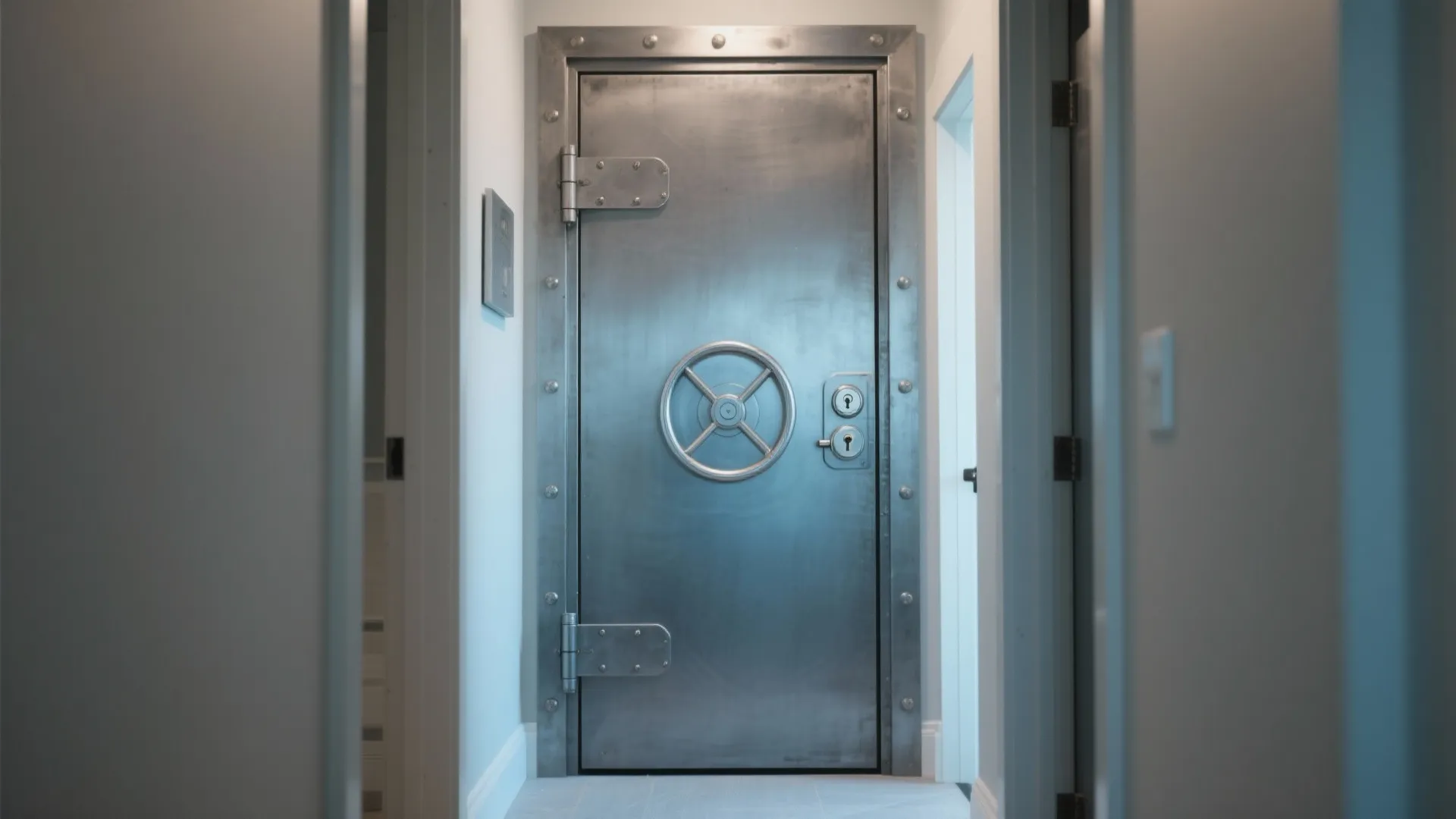 Heavy metal safe door with round handle and industrial bolts in a white hallway interior