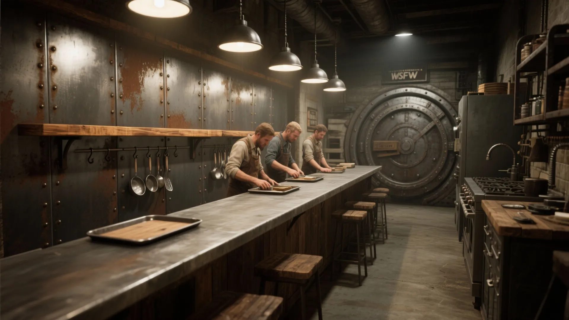 Three men in aprons working at long metal counter with ceiling lights and large vault