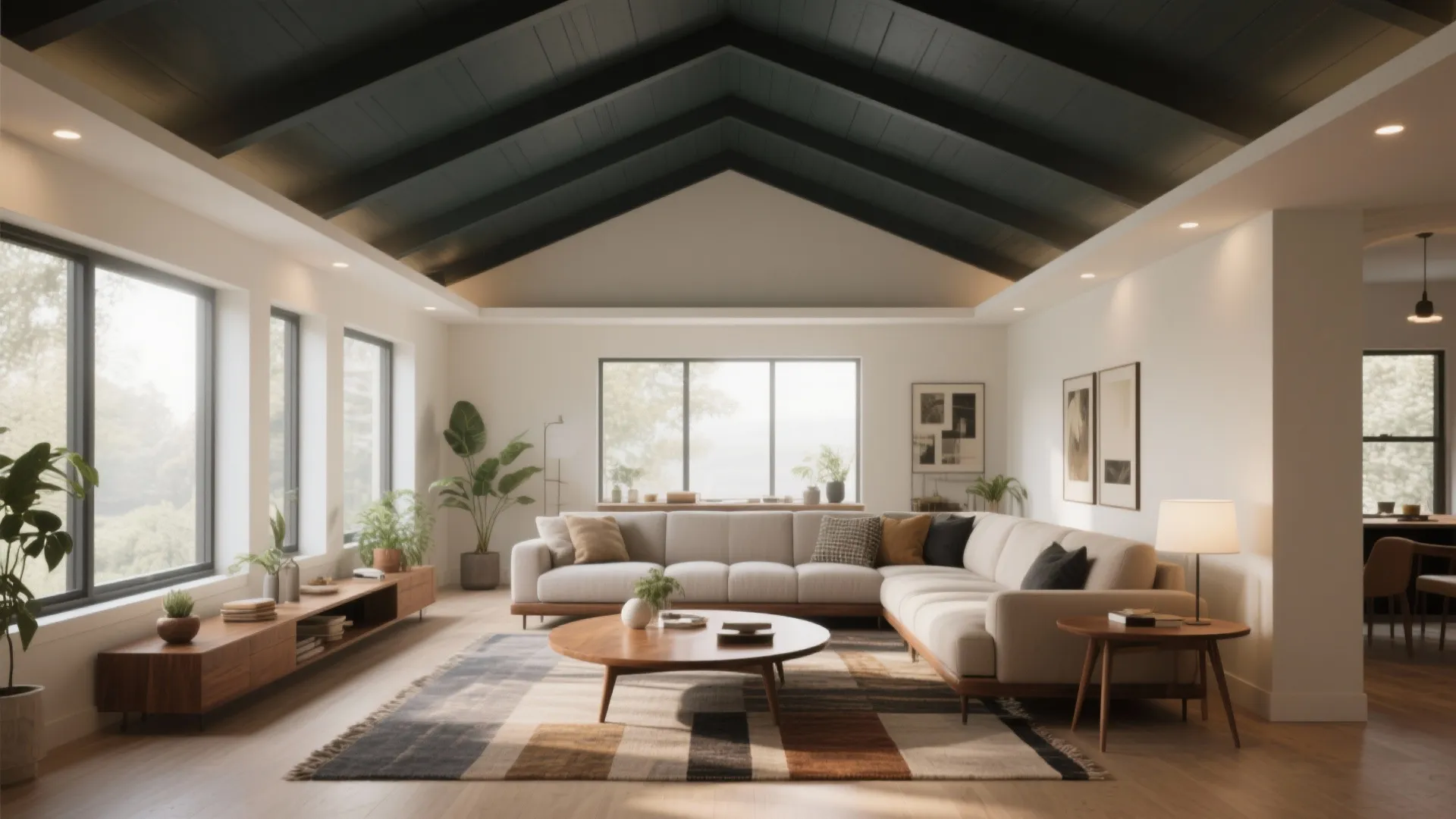 Spacious modern living room with dark sloped ceiling large windows grey sofa and wooden furniture