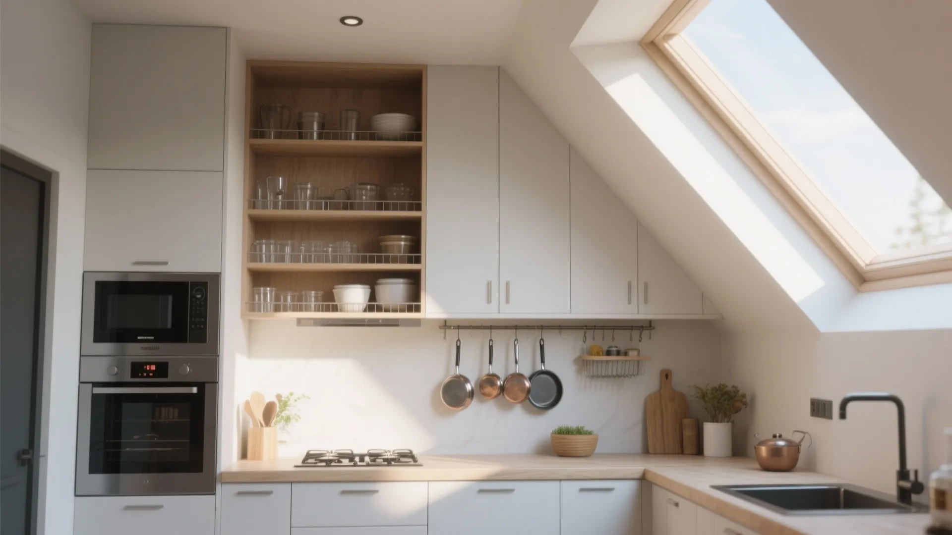 Small kitchen with high ceiling and skylights
