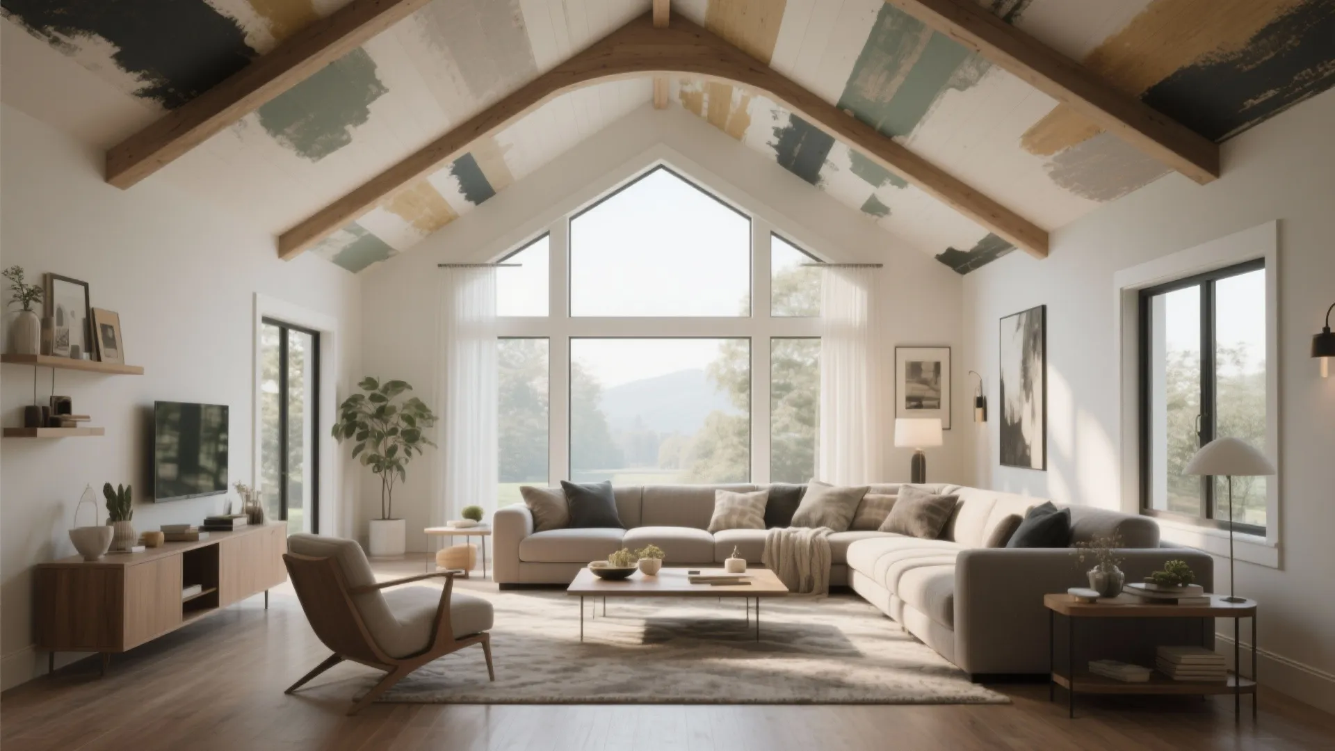 Bright living room with vaulted ceiling and decorative paint strokes near large windows and sofa