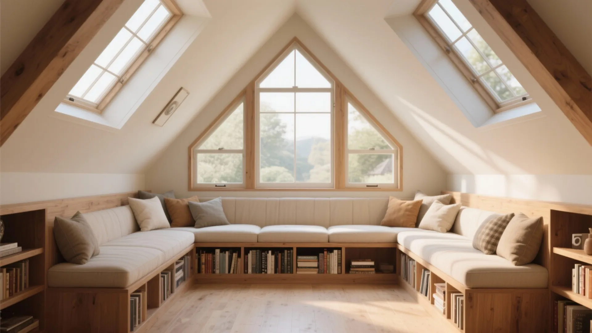 Cozy attic reading nook with wooden bookshelves under the seats and multiple large roof windows