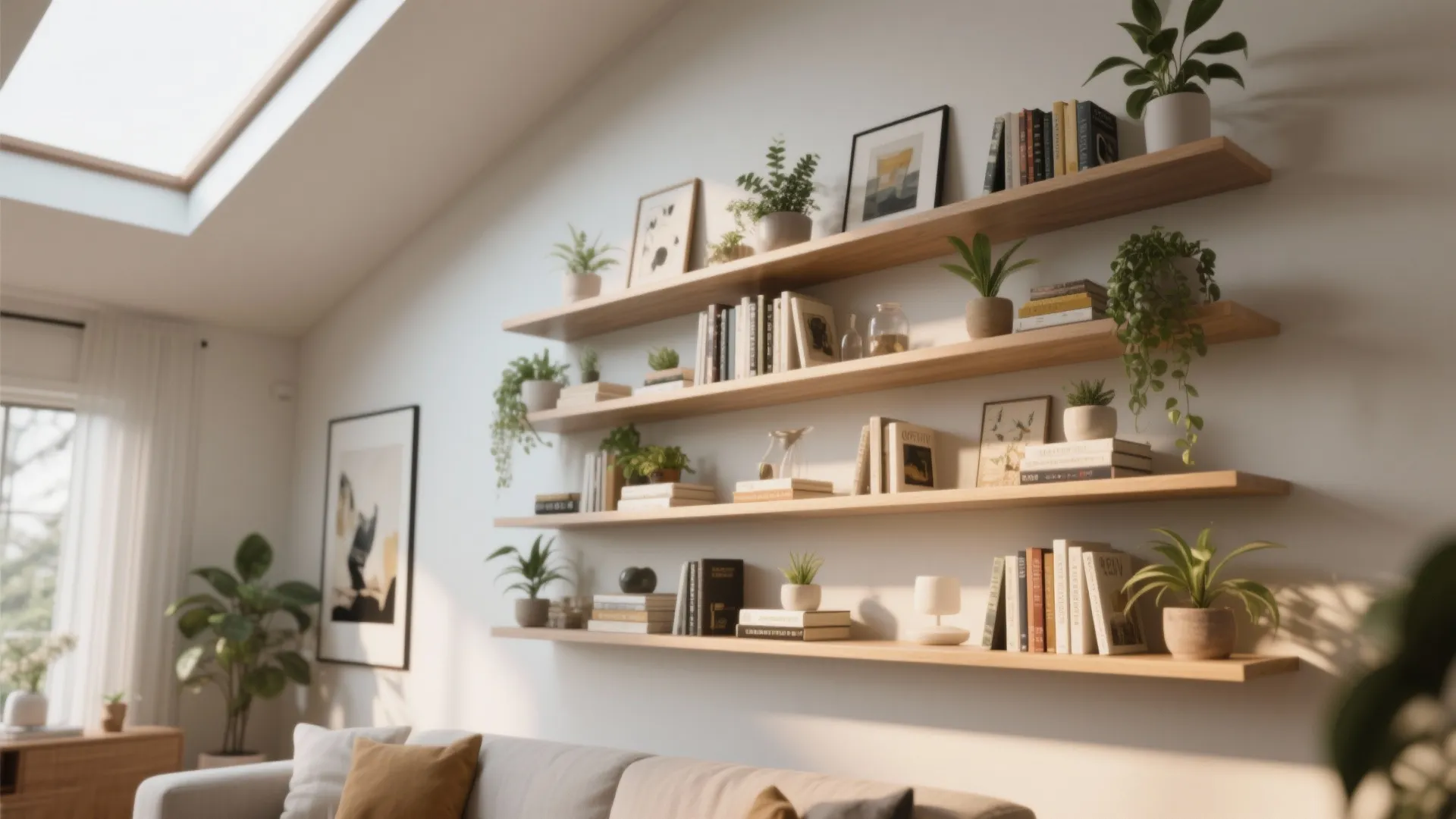 White wall with long wooden floating shelves holding green plants books and pictures near roof window