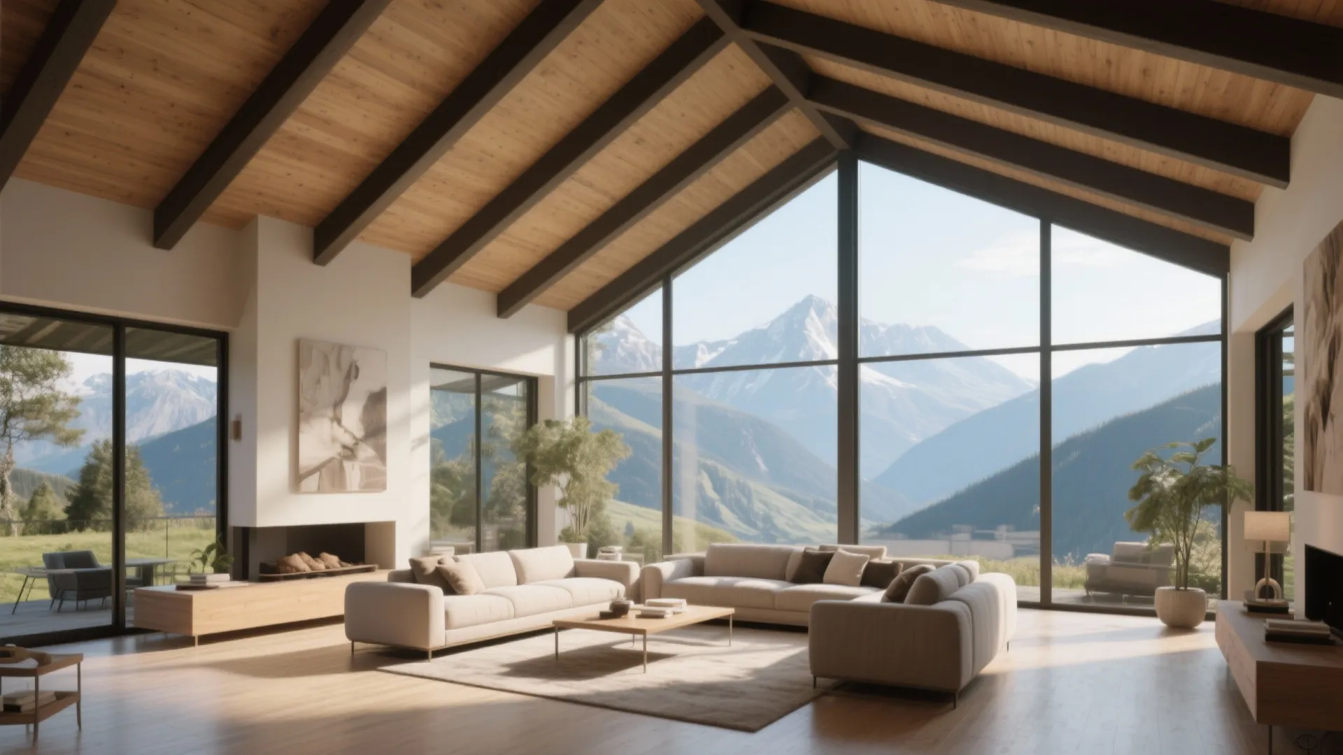 Living room with large windows showing mountain views and a wooden ceiling with dark beams
