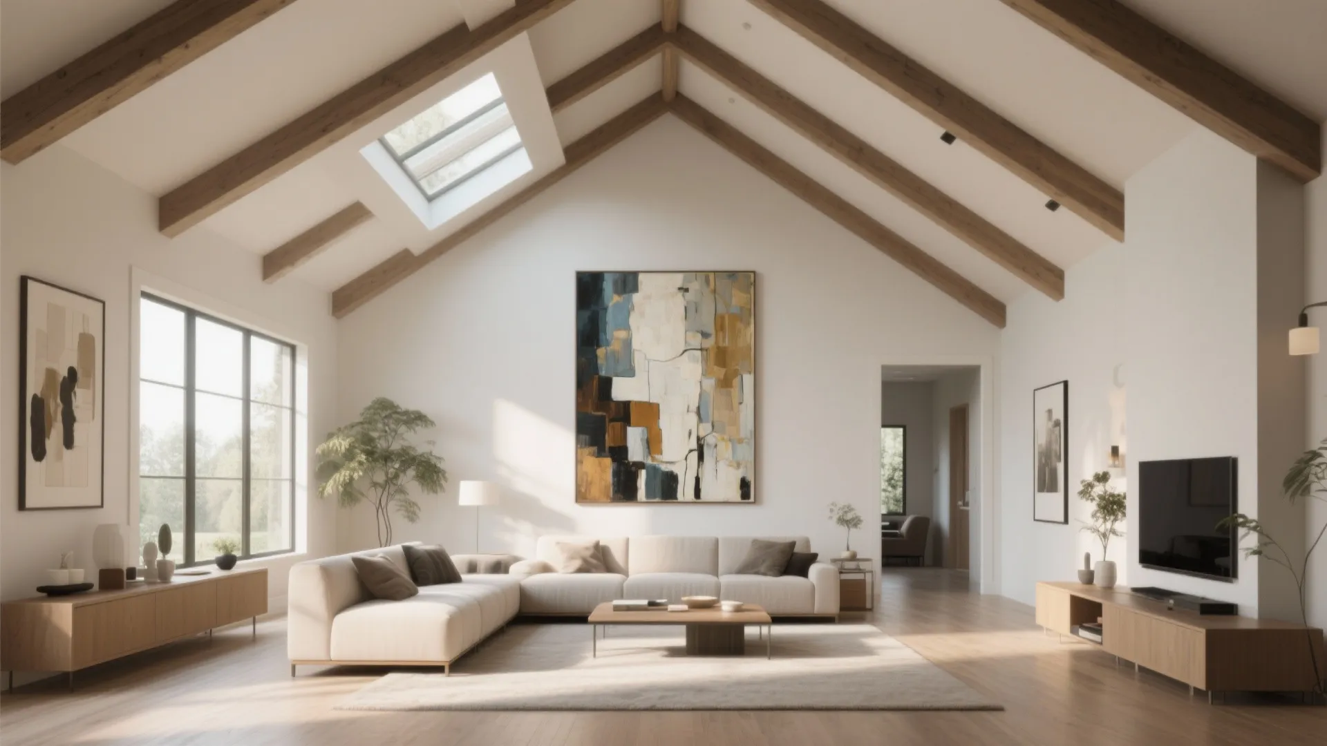 Bright living room featuring a large abstract wall painting and a roof window on ceiling