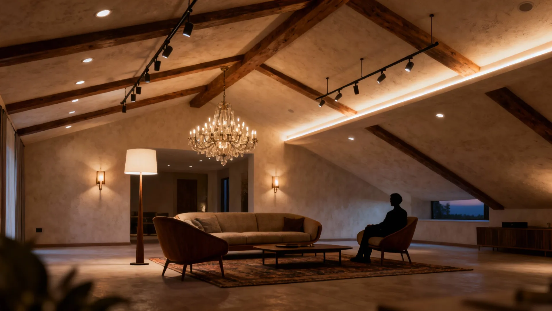 Spacious living room under sloped roof with large ceiling light floor lamp and track lights