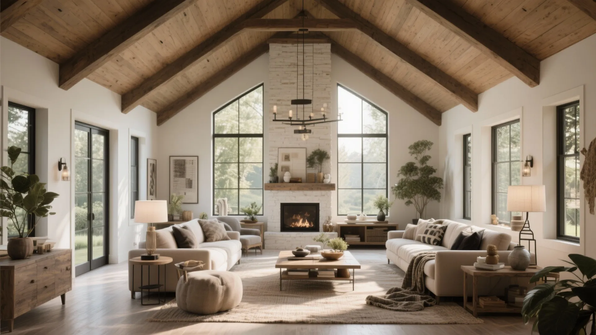 Spacious living room with vaulted wood ceiling beams white fireplace two sofas and large windows