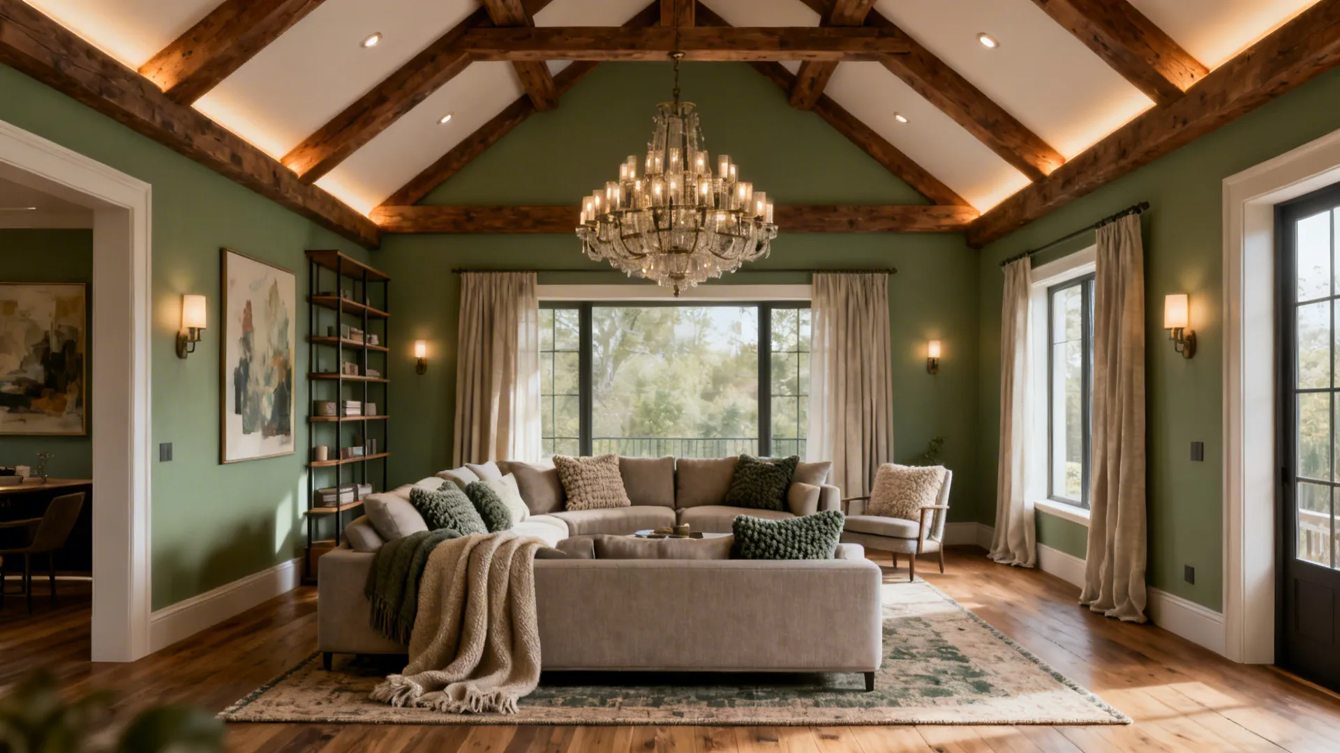 Green living room with wood ceiling beams large windows sectional sofa and a ceiling light
