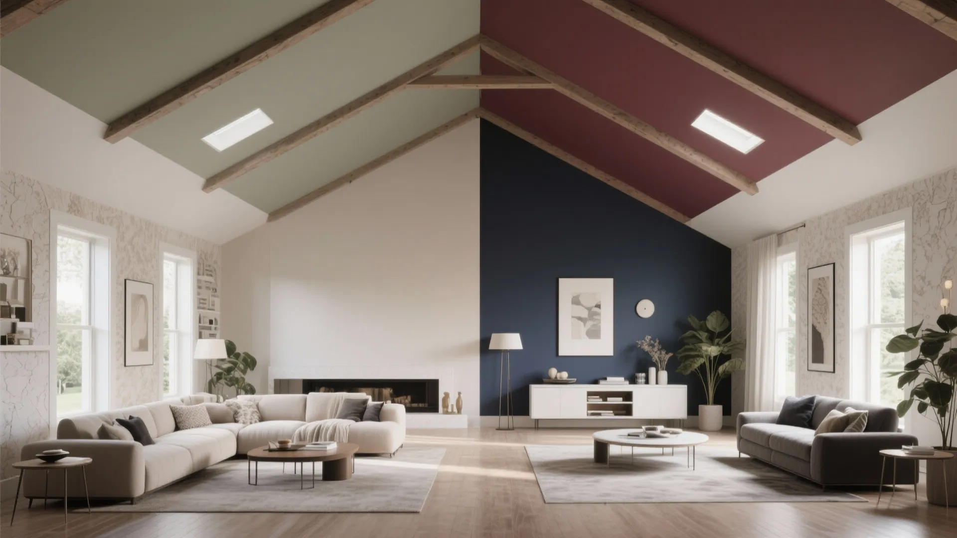 Interior design drawing showing two different color schemes for a living room with wooden beams