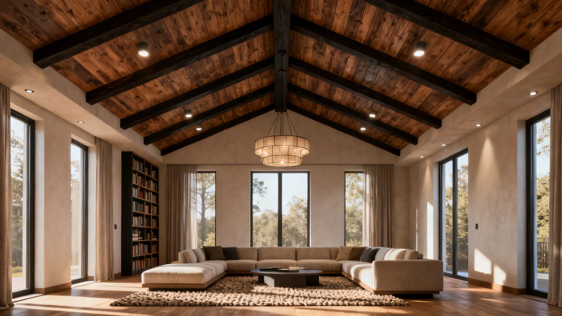 Spacious living room featuring wooden vaulted ceiling dark beams large sofa and hanging ceiling light