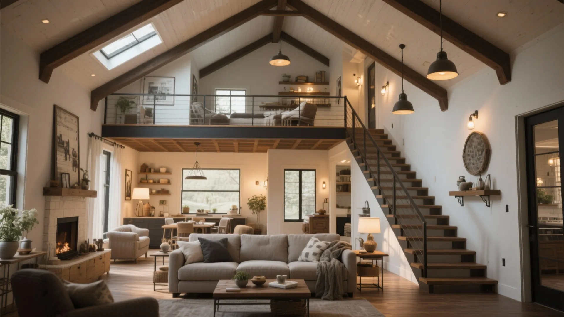Open plan living area with high ceiling wooden stairs mezzanine floor grey sofa and hanging lights