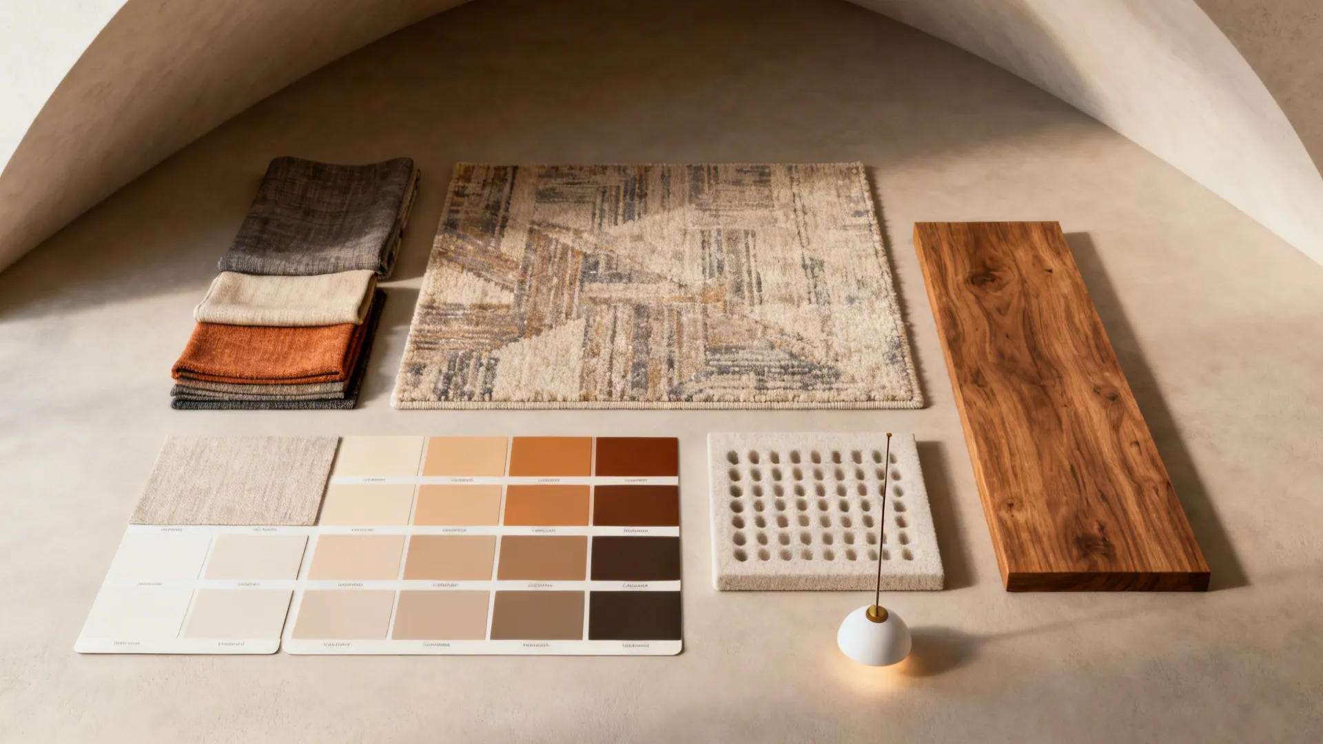 Interior design material flat lay with fabric swatches rug sample wood board and color palette