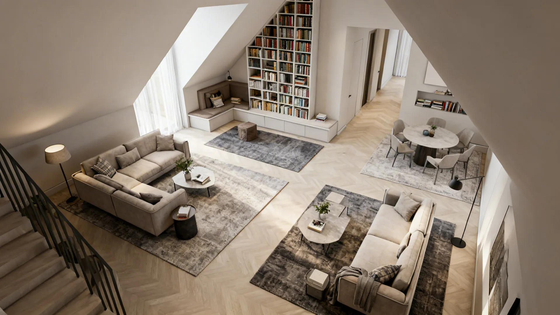 Modern open living room with two sofas large bookshelf dining area and light wood flooring