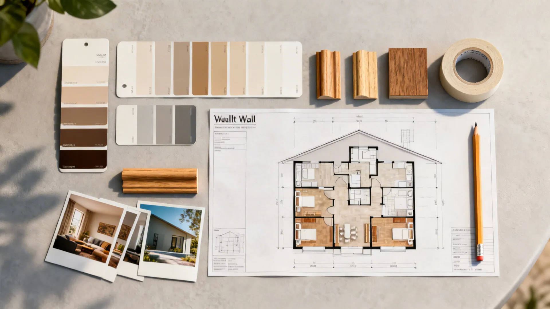 Flatlay of paint swatches, trim samples and a floorplan for vaulted wall planning.