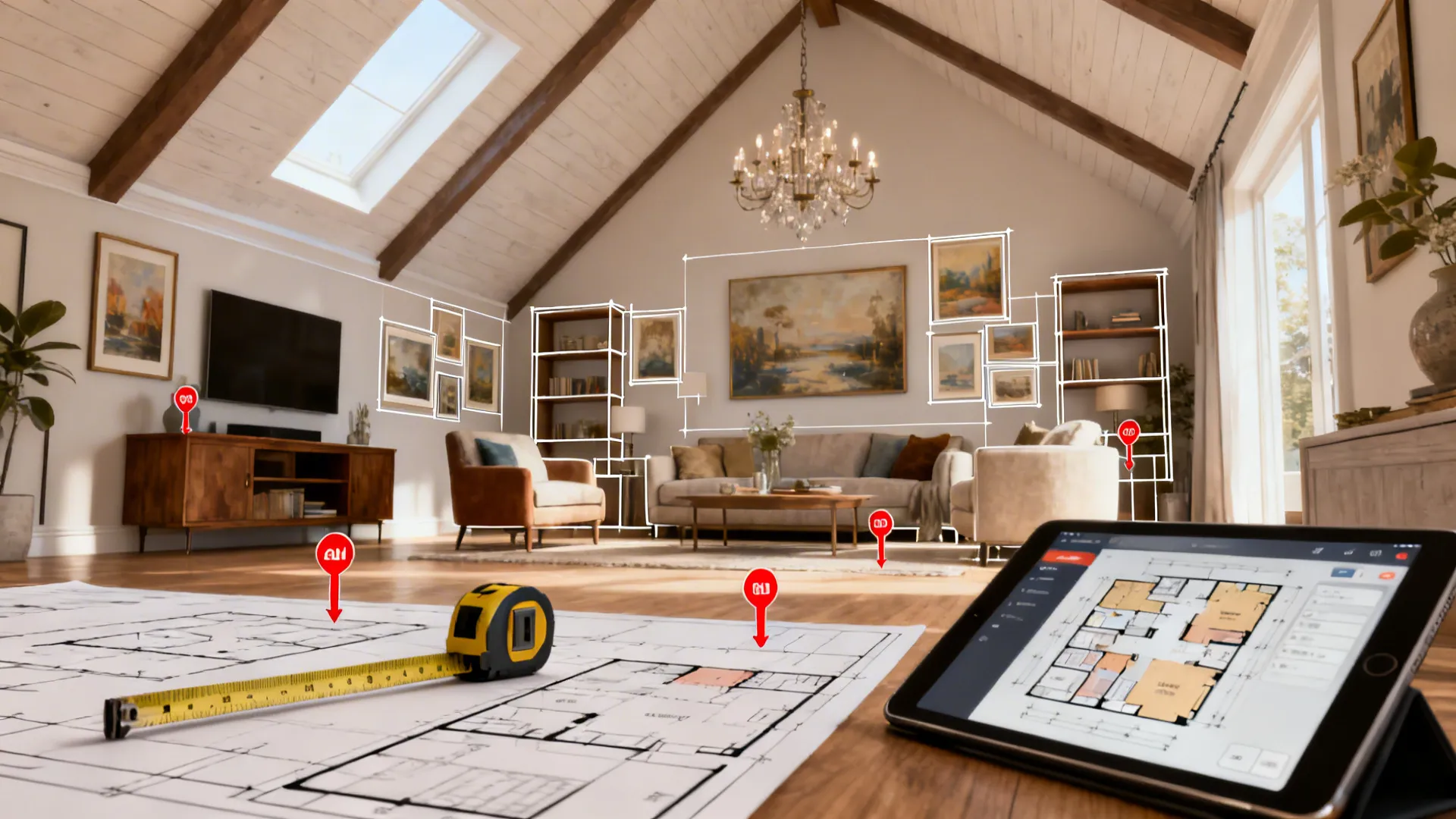 Top-down planning mockup showing furniture, gallery placement and chandelier zones for a vaulted living room.