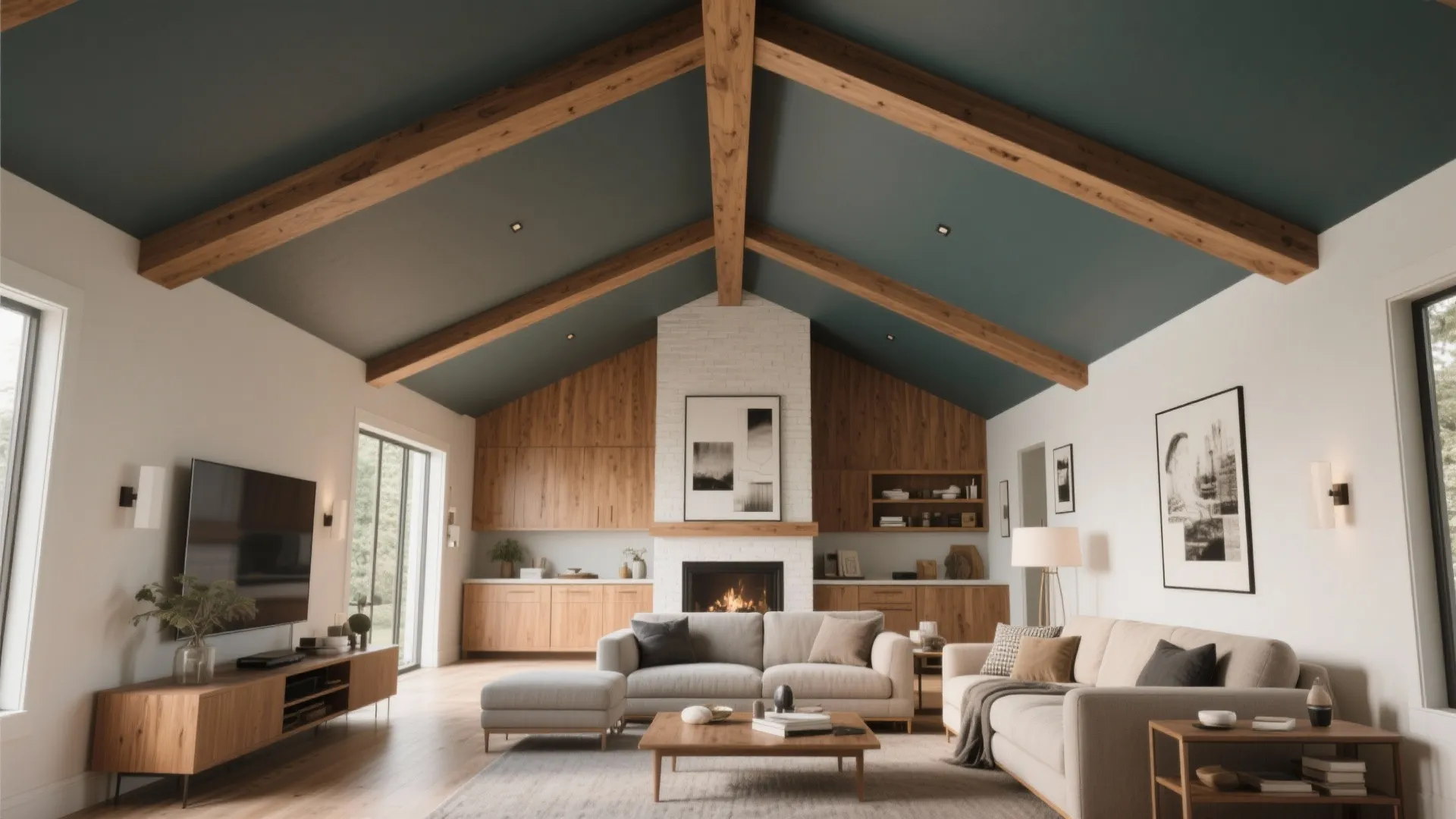 Modern living room with green vaulted ceiling wooden beams white fireplace grey sofa and wood floor