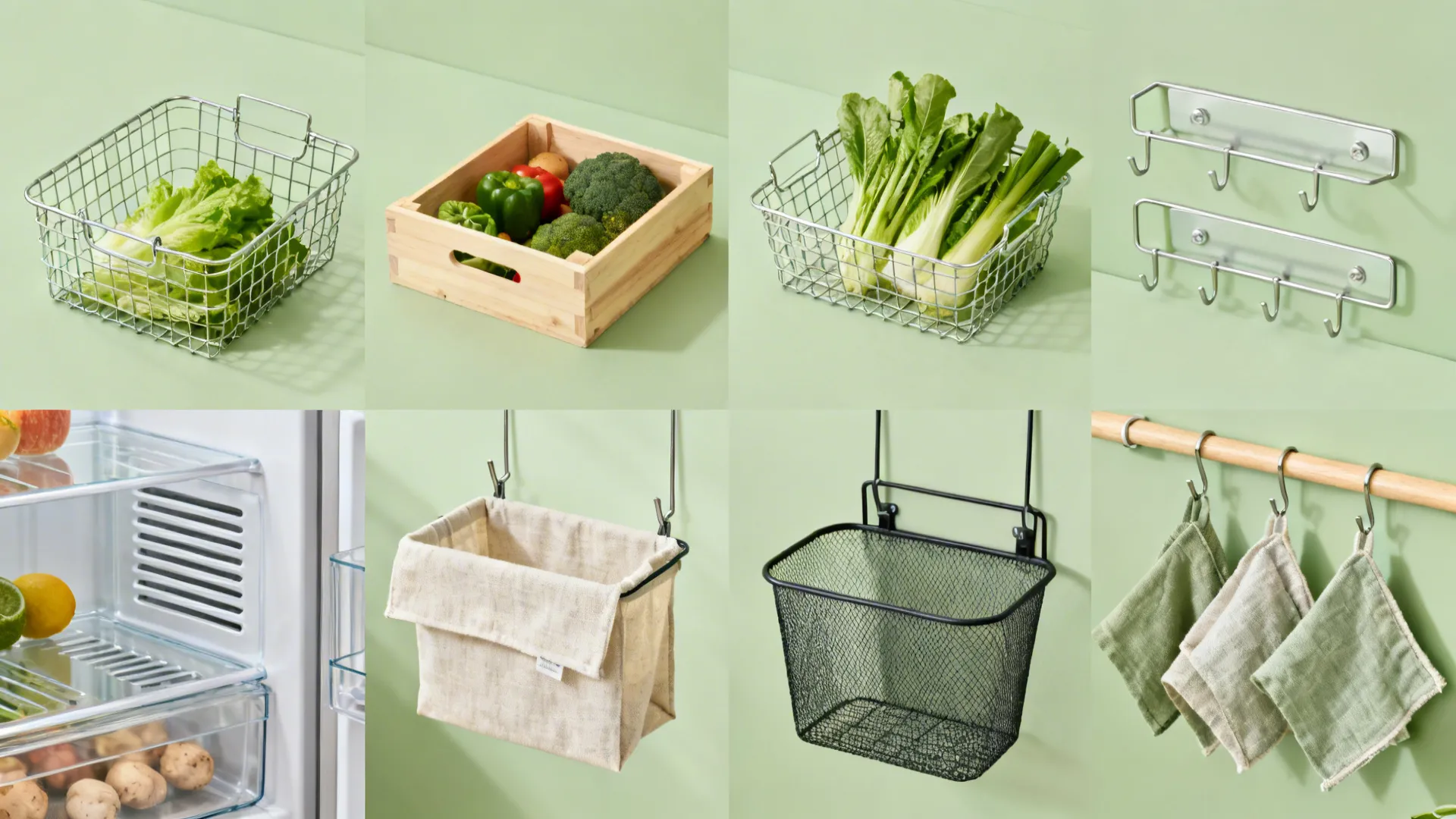 Flatlay of mesh bins, wooden crates, clear vented containers, hanging basket hardware, peg hooks, and linen liners.