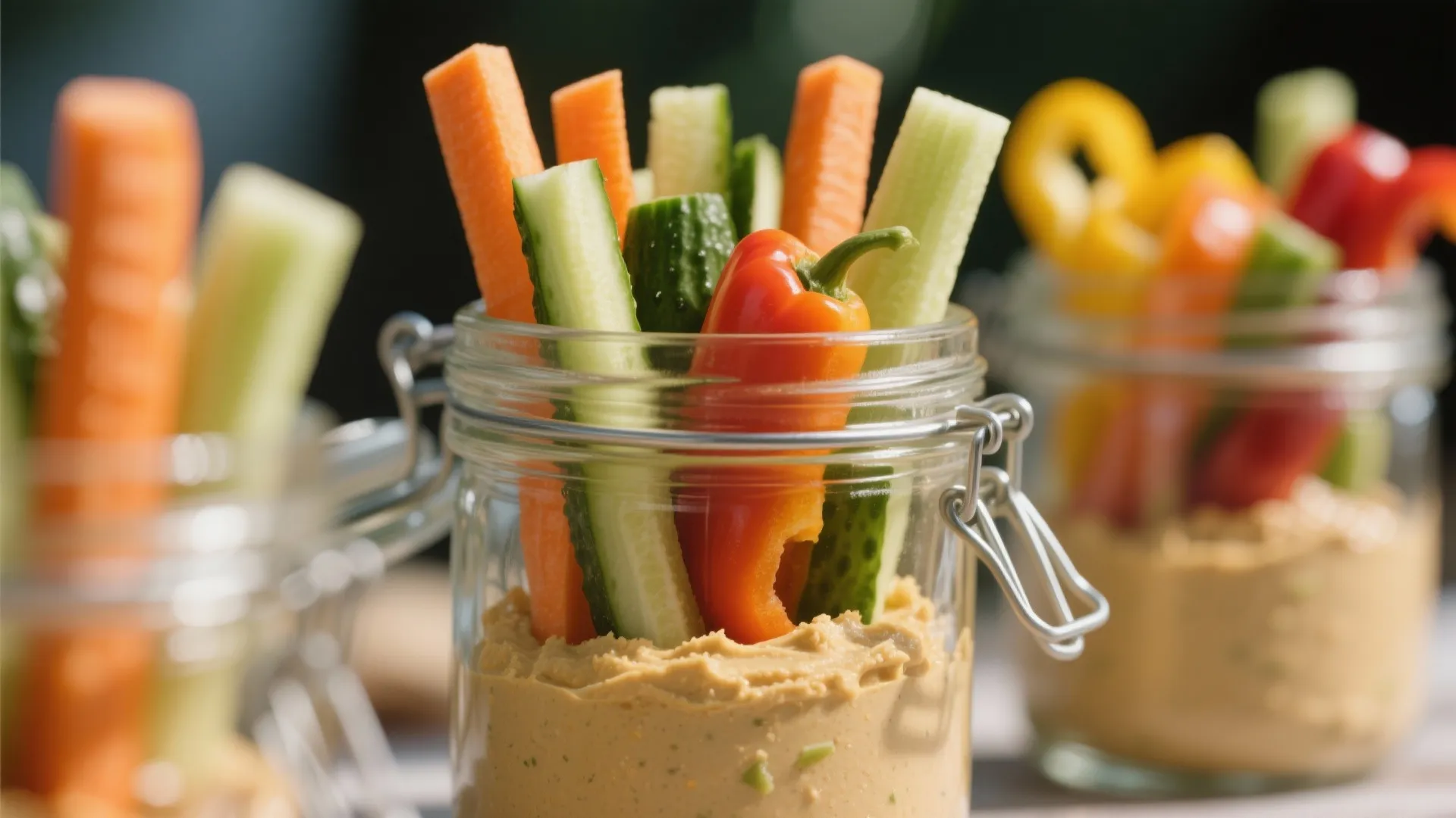 Glass jars with creamy hummus and fresh carrot cucumber and pepper sticks for healthy snacks