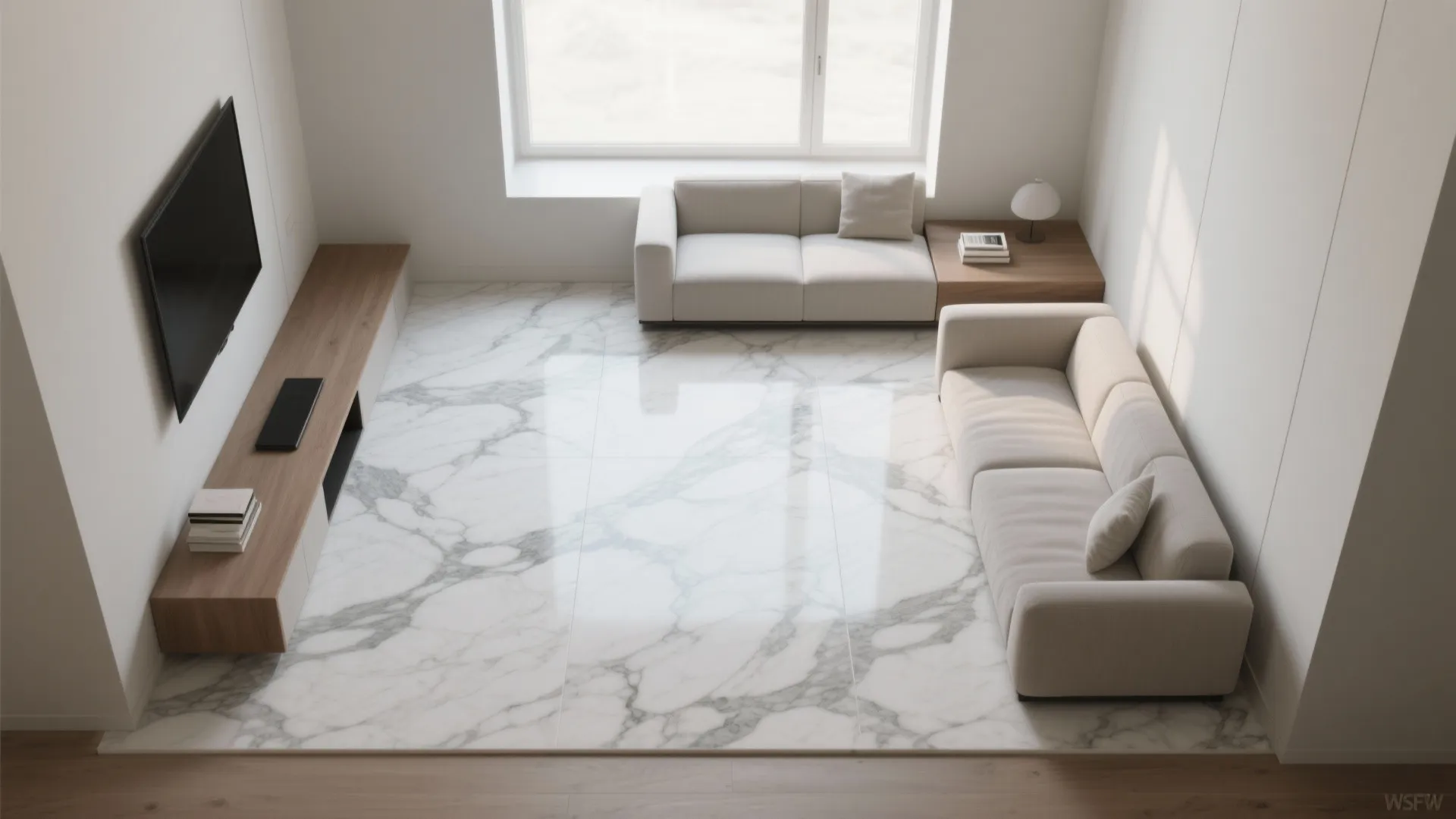 Modern living room with marble tile floor beige sofas wooden cabinet television and large window