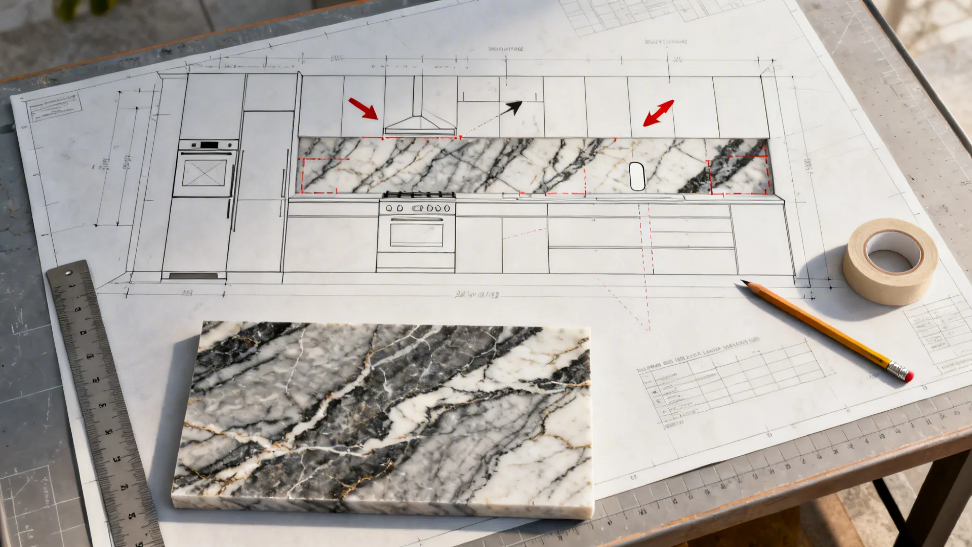 Top-down planning layout with quartz slab sample and markings indicating vein flow and cut lines for a splash.