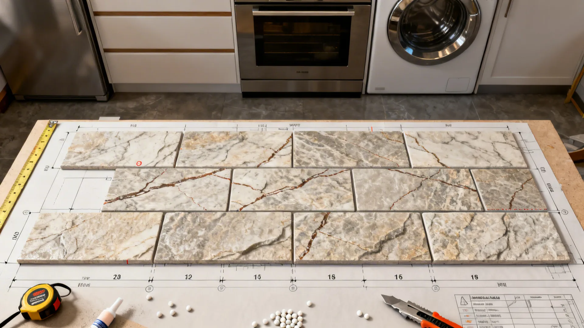 Top-down plan showing panel sequence and continuous veining alignment for a backsplash.