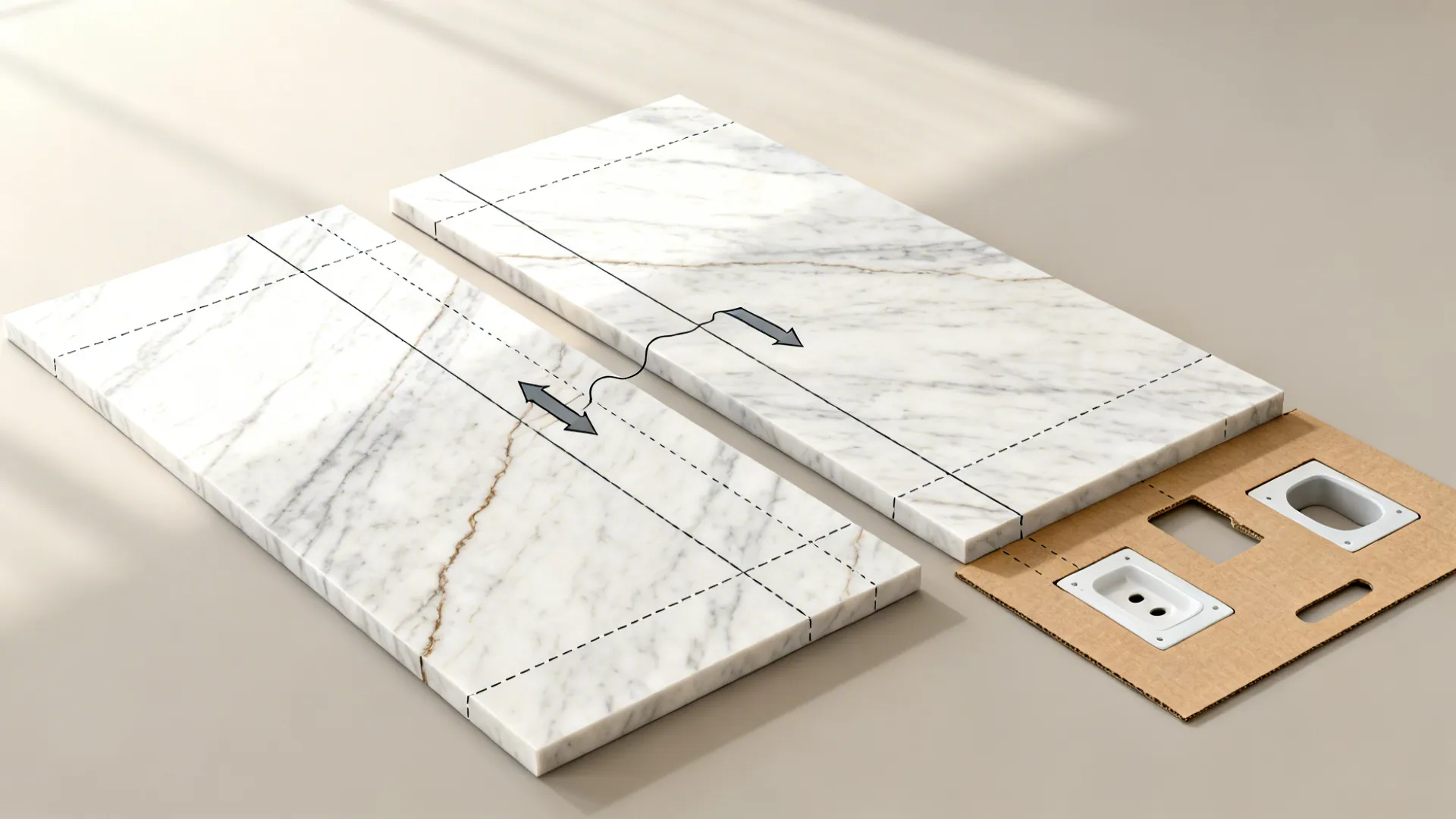 Top-down view showing book-matched slabs and template for aligning a vein-matched backsplash.