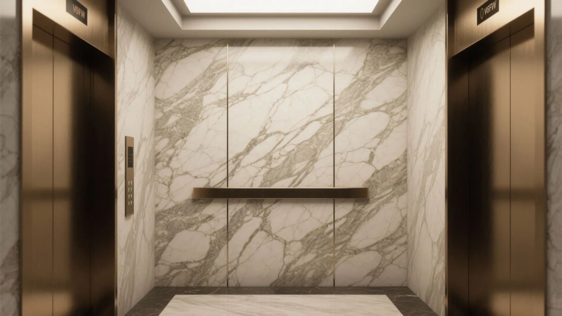 Elegant elevator interior showing white marble walls with continuous grey veins and gold metal trim